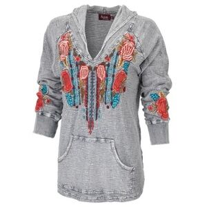 AVANI DEL AMOUR Embroidered Floral Boho Hoodie Tunic • SIZE Large• Gray